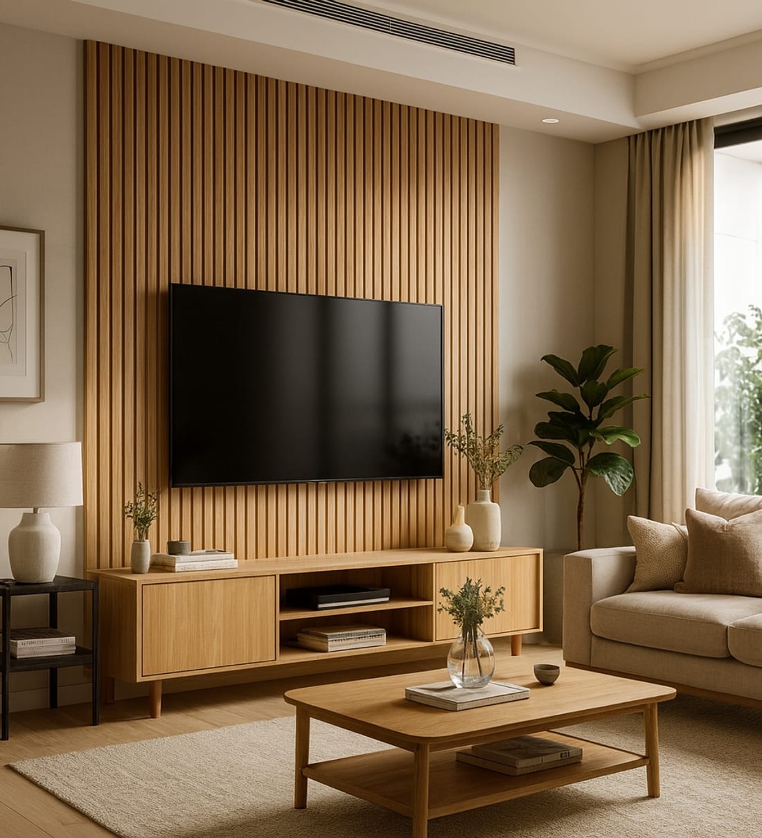 Painel ripado PVC Belo Santo aplicado em sala